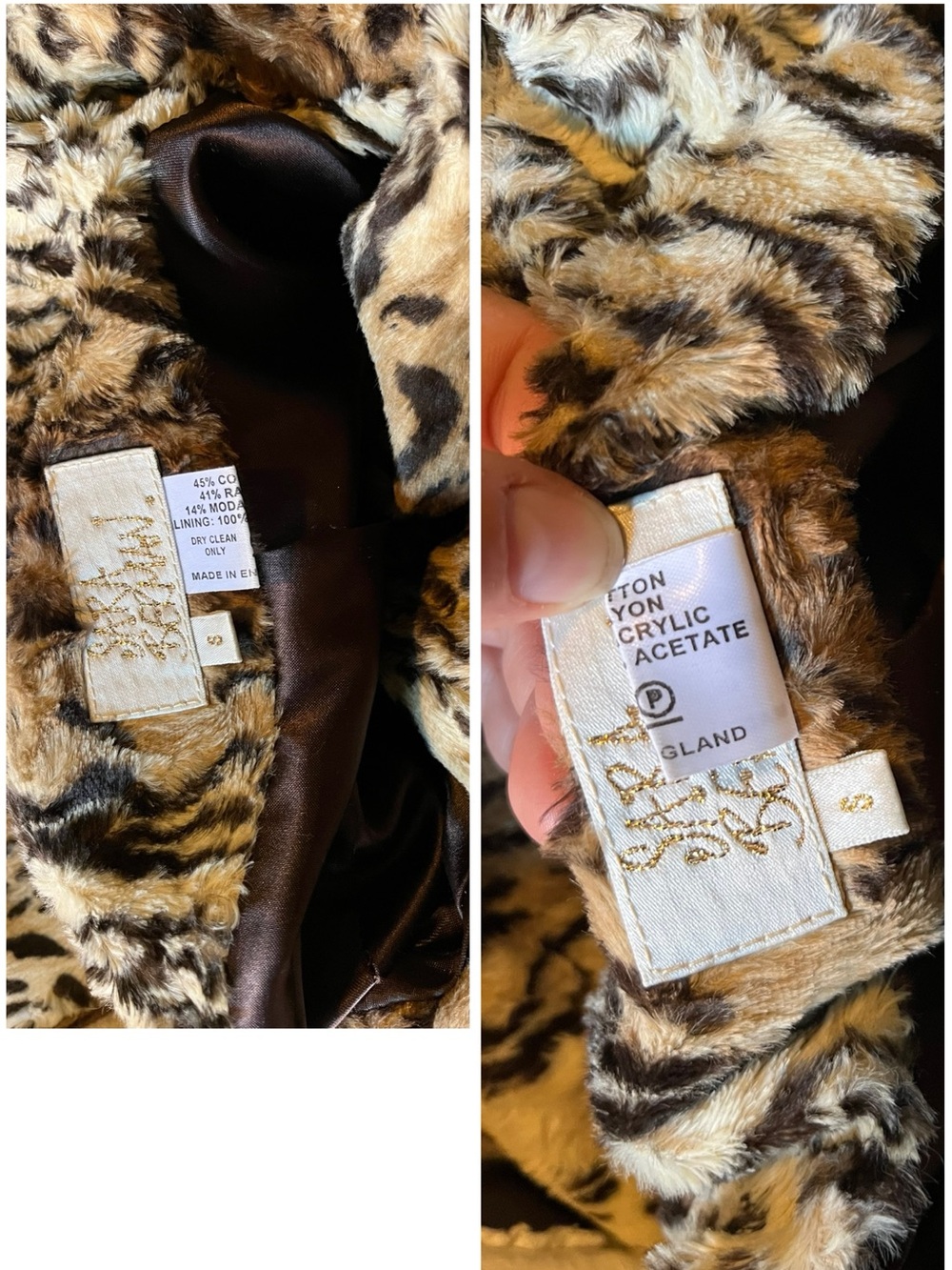 Sara Berman Faux Fur Pea Coat Portrait Neckline Collar Tiger Stripe Vintage - Picture 12 of 16